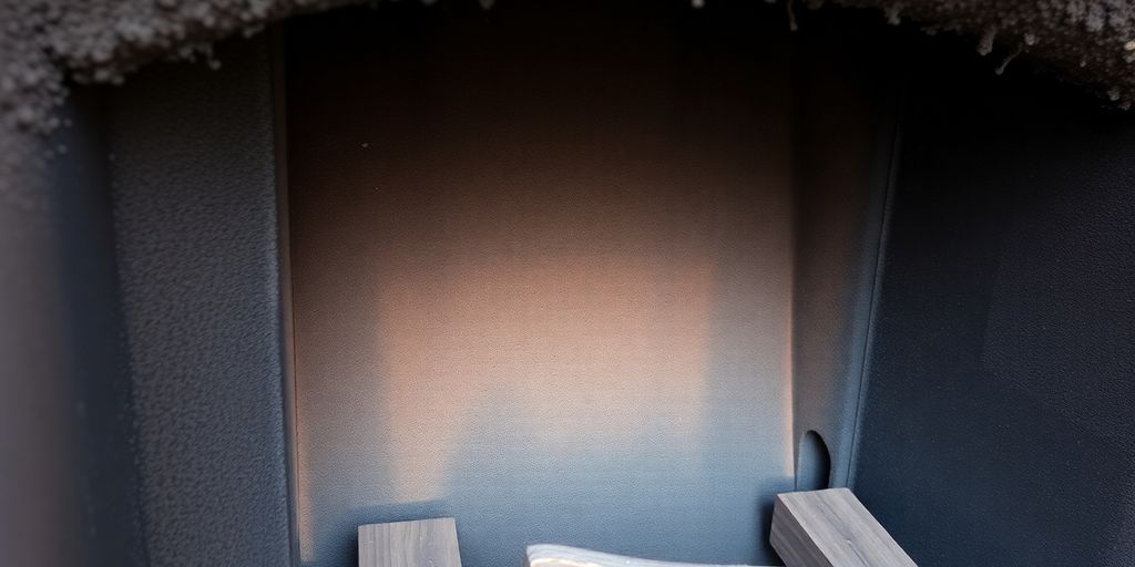 Nahaufnahme von Glanzruß in einem Kamin.